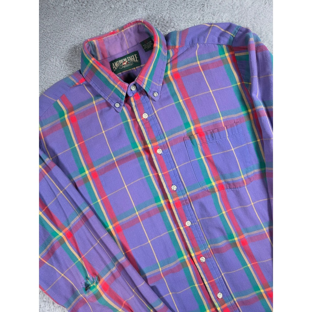 American Eagle Button Down Shirt Large Purple Mens Vintage Plaid Distressed 90s - Picture 2 of 11